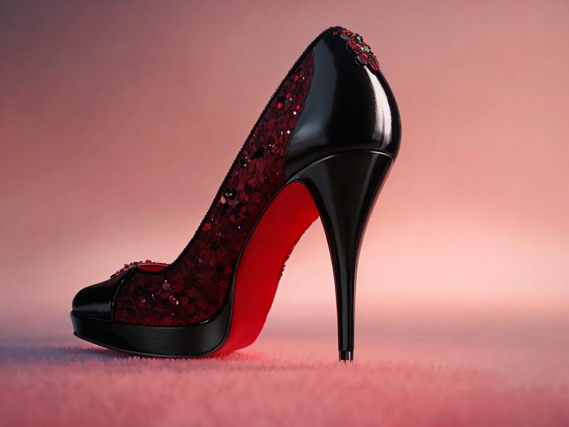 Glossy Black High-Heeled Shoe with Red Floral Lace