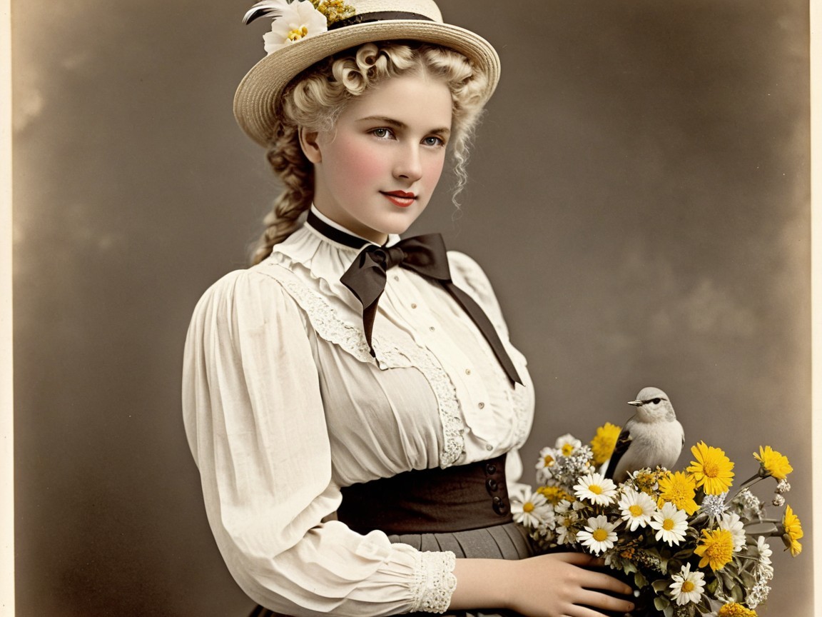 Young woman in floral straw hat with bouquet and bird