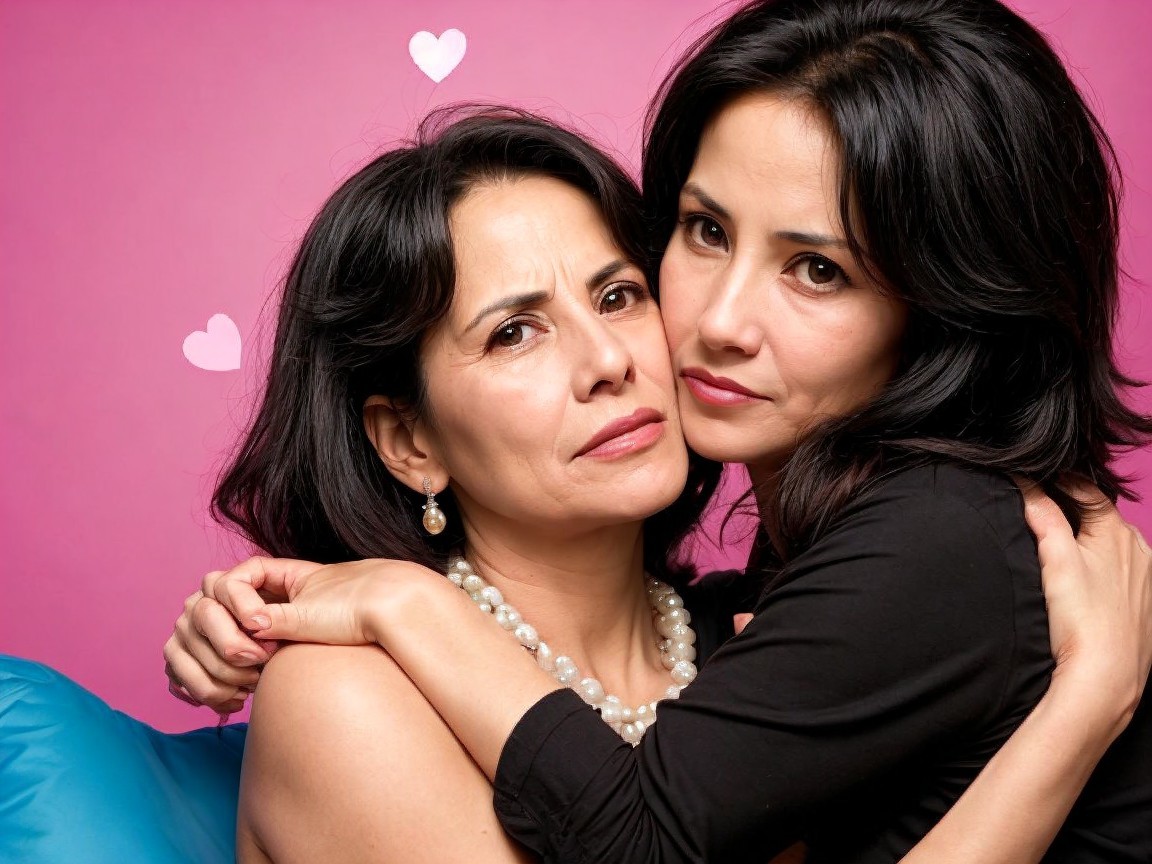 Women Embracing Against Pink Heart Background