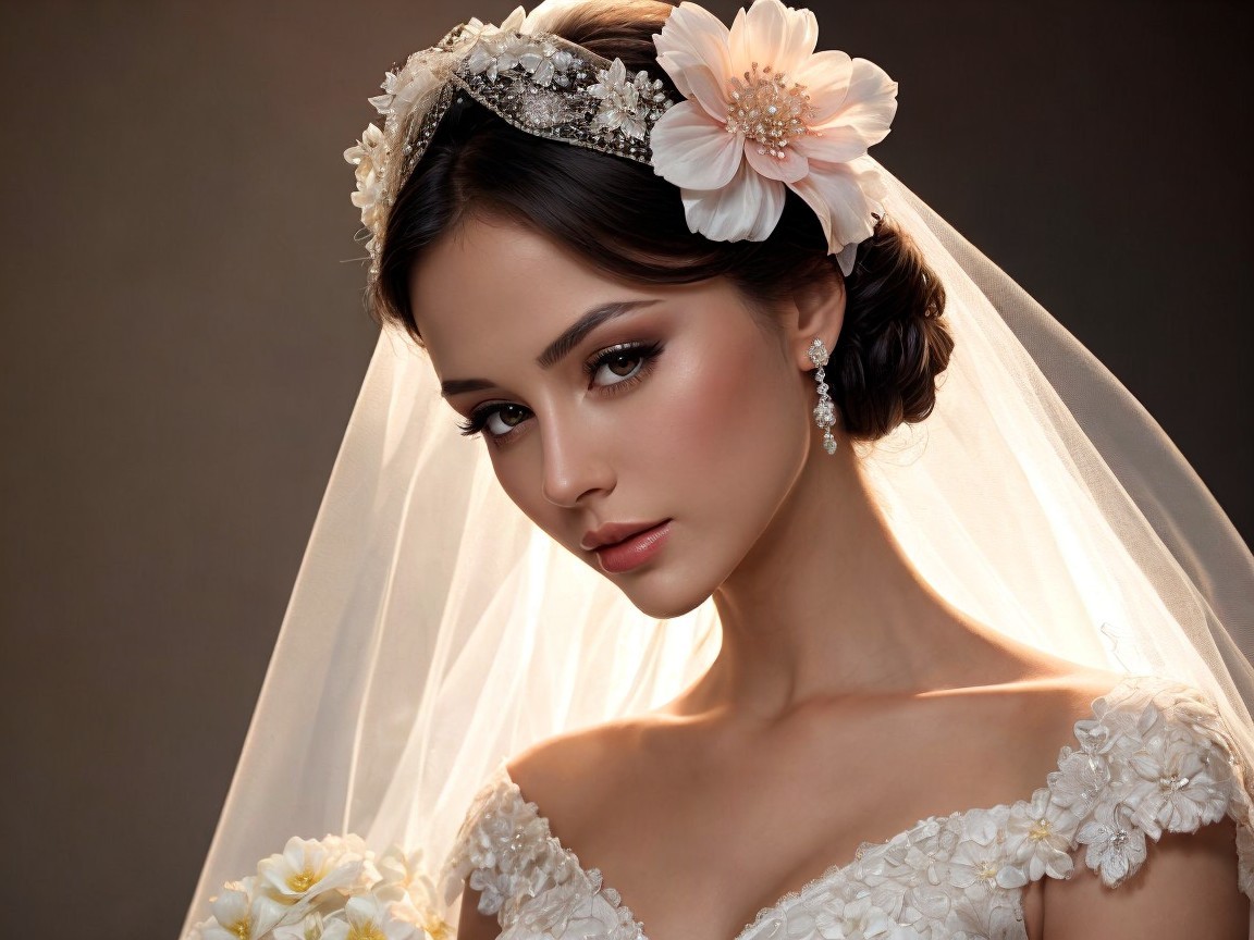 Elegant Bride in Veil and Floral Headpiece