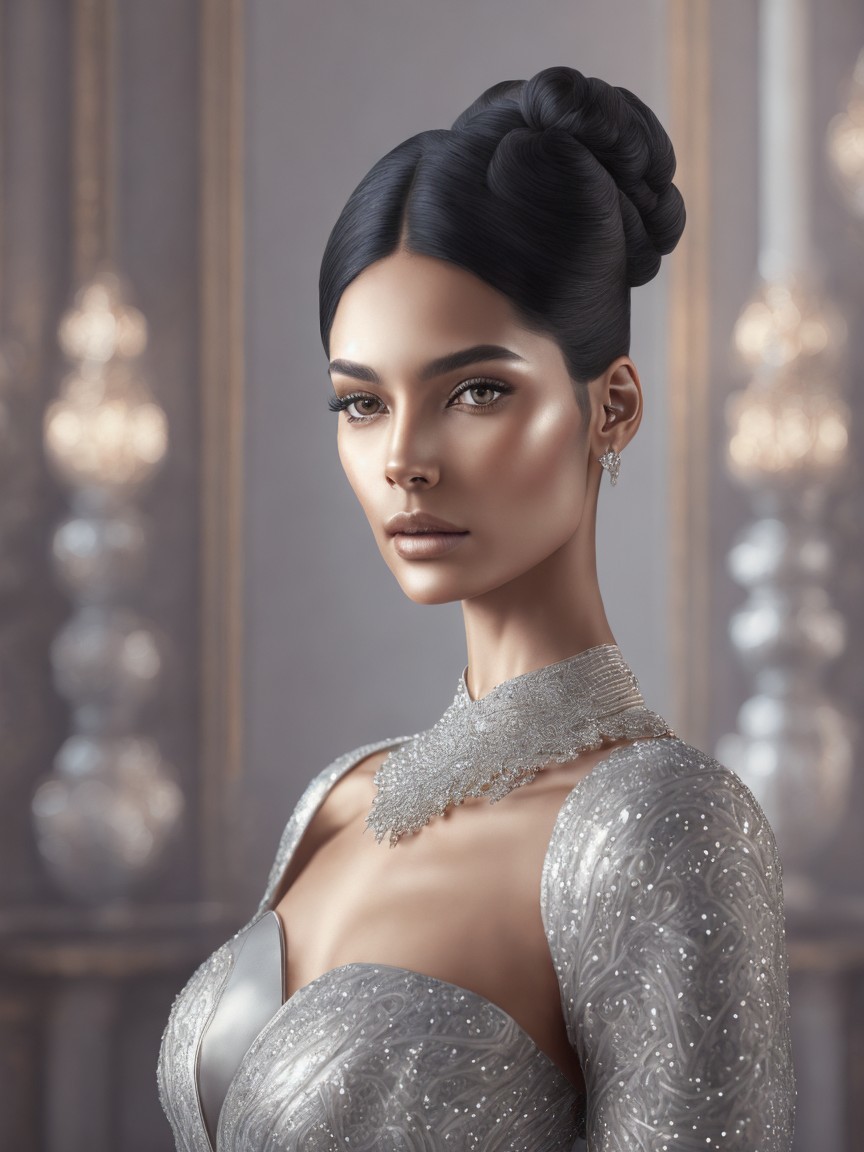 Elegant Woman in Silver Gown with High Bun Hairstyle