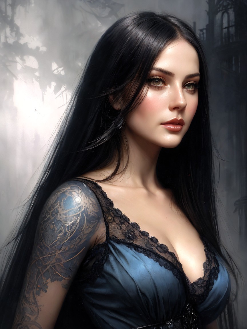 Elegant Woman in Dark Blue Dress with Intricate Lace