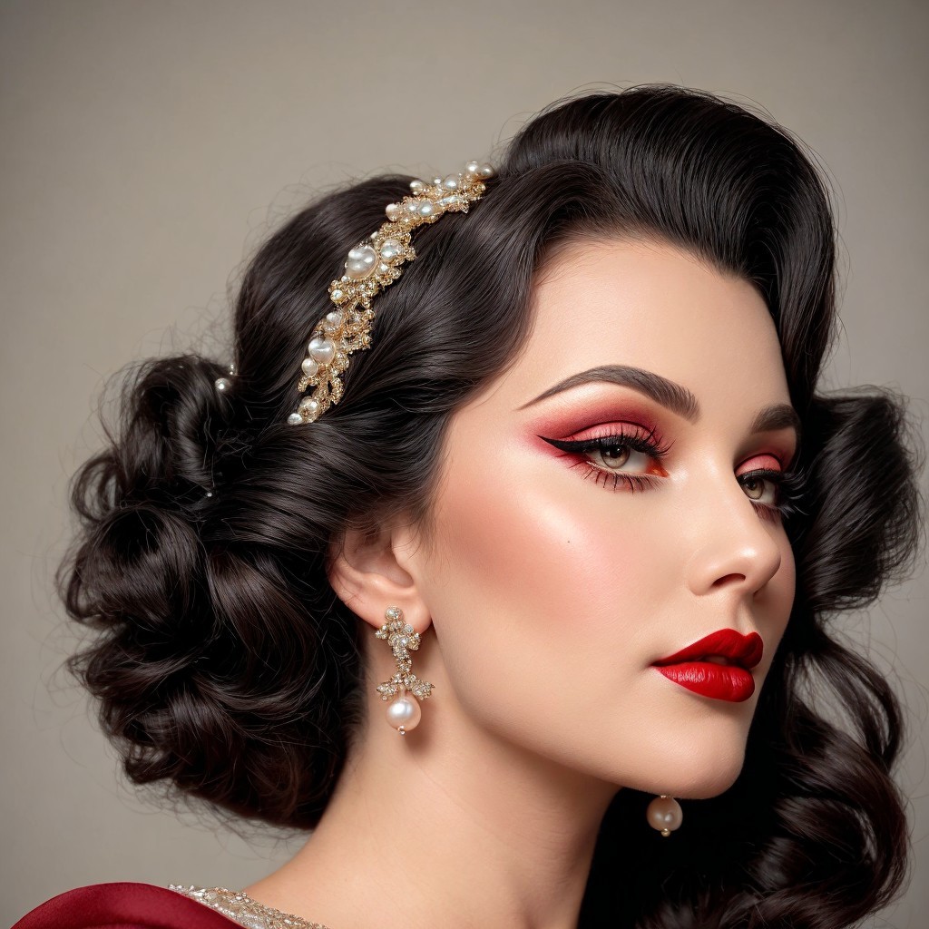 Glamorous Woman with Dark Curls and Pearl Headband