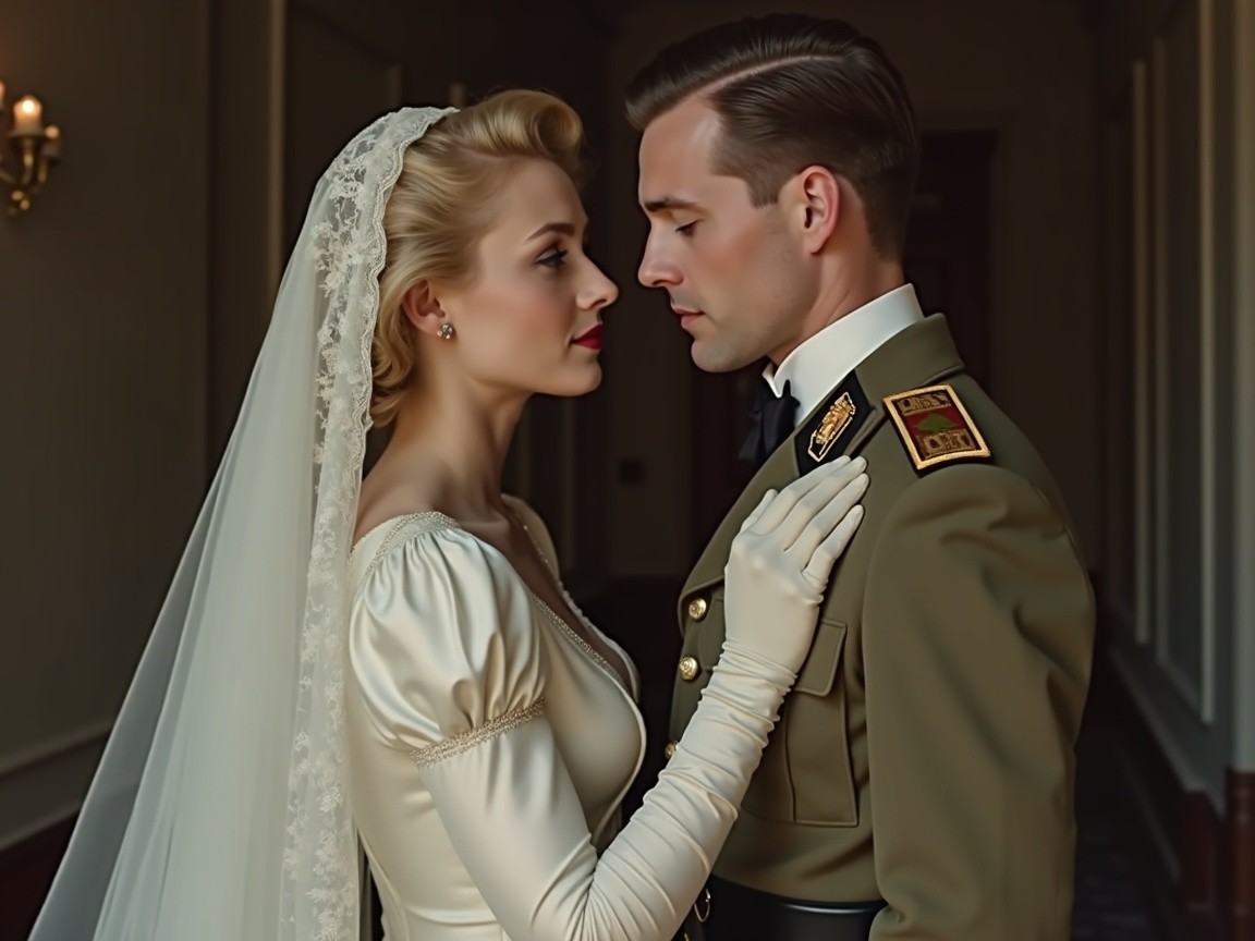 Elegant Bride in White Gown with Military Groom