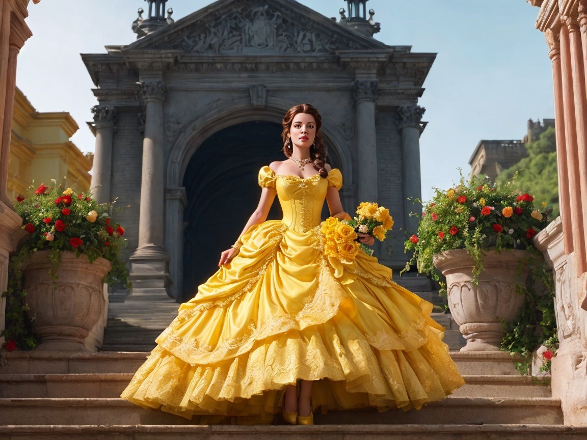 Woman in Yellow Gown on Stone Steps Surrounded by Gardens