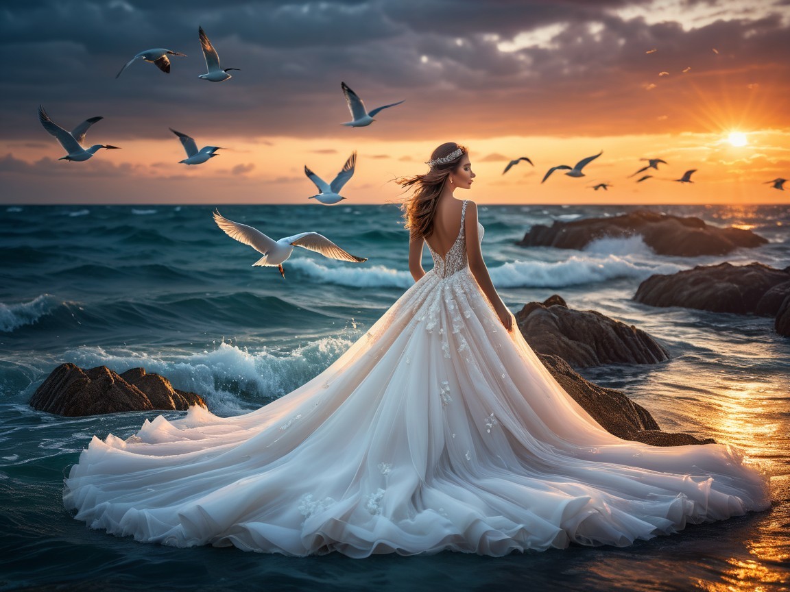 Bride in White Gown on Rocky Shores at Sunset