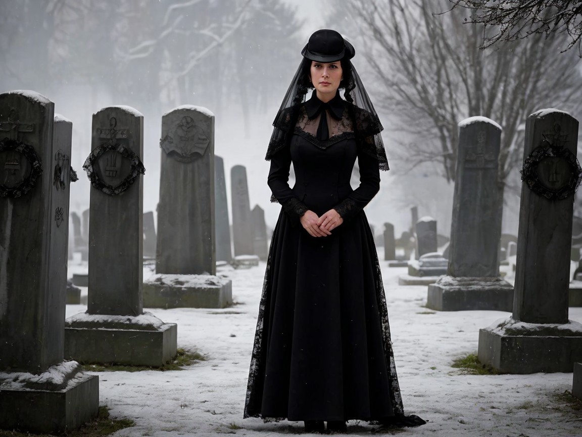 Solitary Figure in Snowy Graveyard with Gravestones