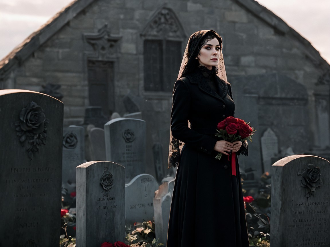 Woman in black dress with roses in graveyard setting