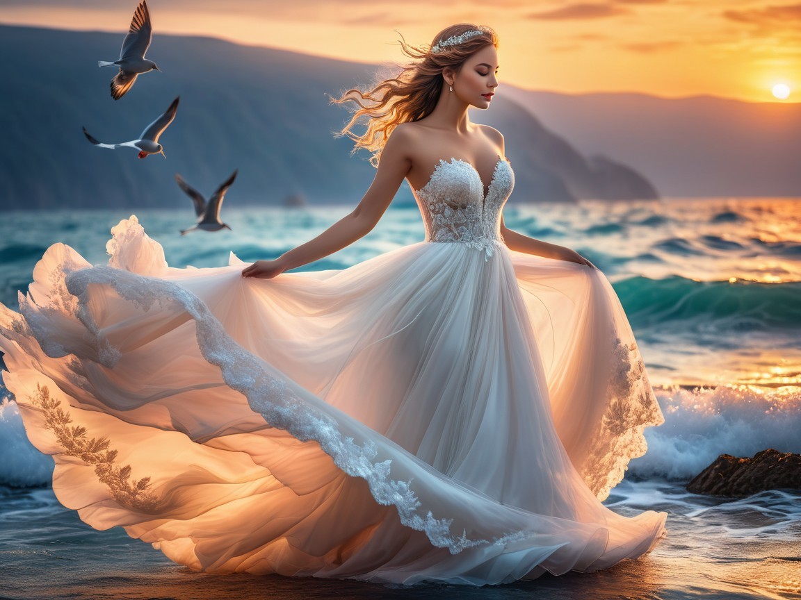 Bride in Lace Gown at Sunset by the Ocean