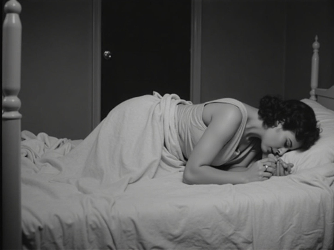 Black-and-white image of a contemplative woman in bed