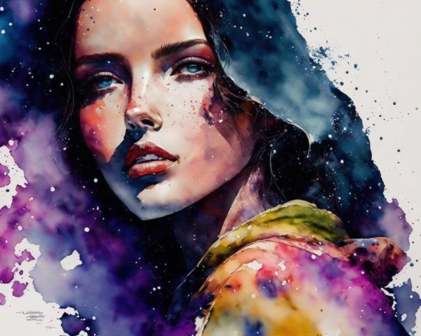 Watercolor Portrait of a Young Woman with Bold Colors
