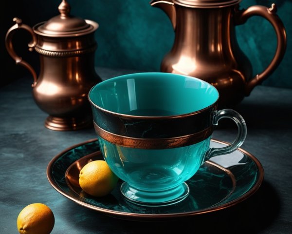 Teal Glass Cup and Copper Teapots on Marble Surface