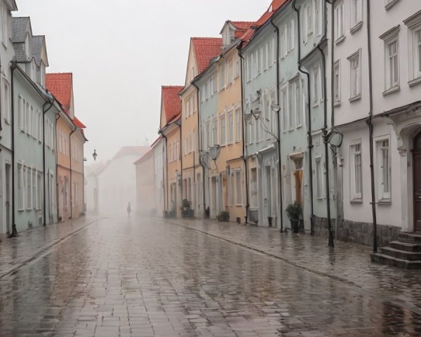 Pastel-Colored Buildings on a Foggy Narrow Street
