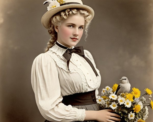 Young woman in floral straw hat with bouquet and bird