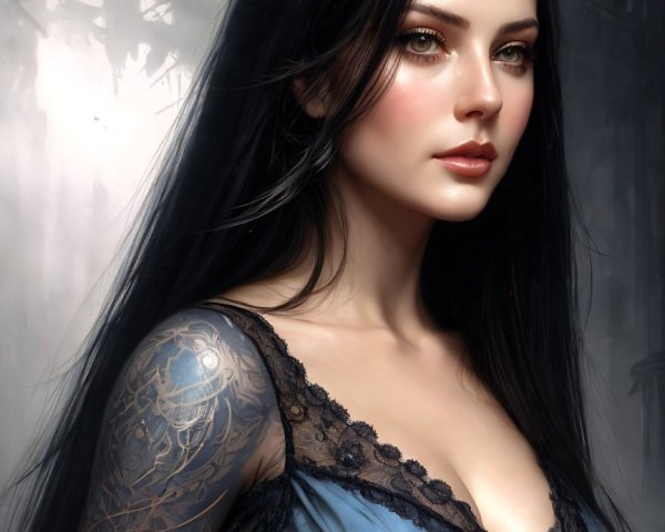 Elegant Woman in Dark Blue Dress with Intricate Lace