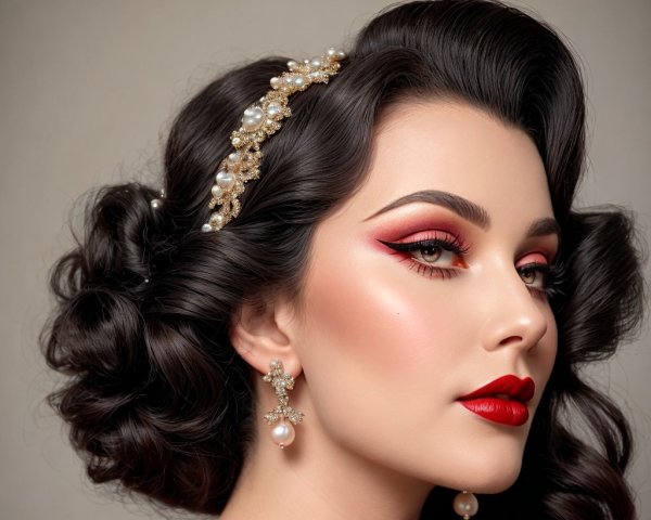 Glamorous Woman with Dark Curls and Pearl Headband
