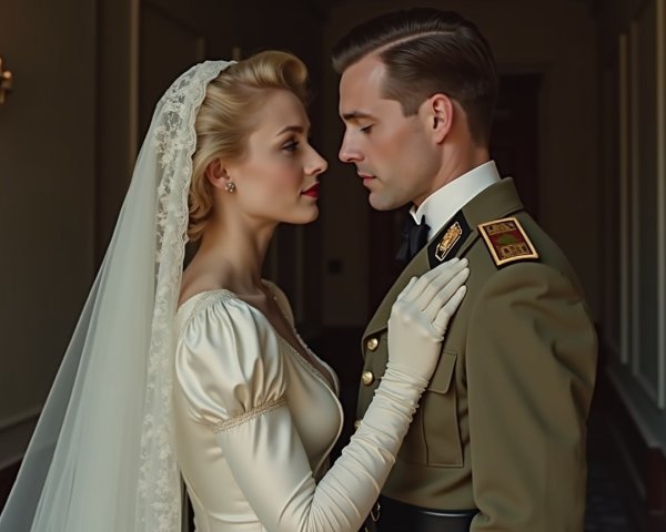 Elegant Bride in White Gown with Military Groom