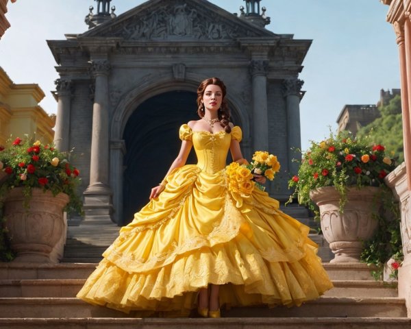 Woman in Yellow Gown on Stone Steps Surrounded by Gardens