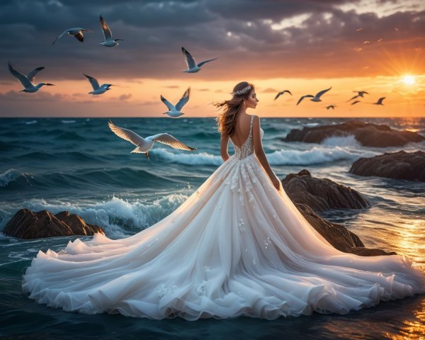 Bride in White Gown on Rocky Shores at Sunset