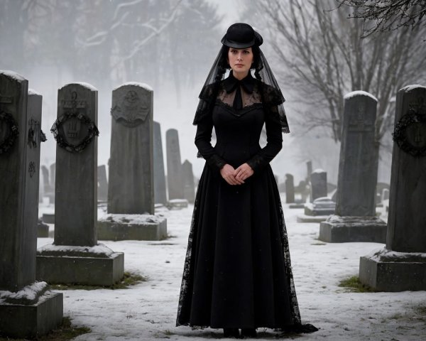 Solitary Figure in Snowy Graveyard with Gravestones