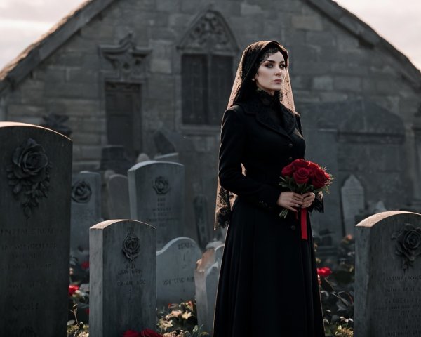 Woman in black dress with roses in graveyard setting
