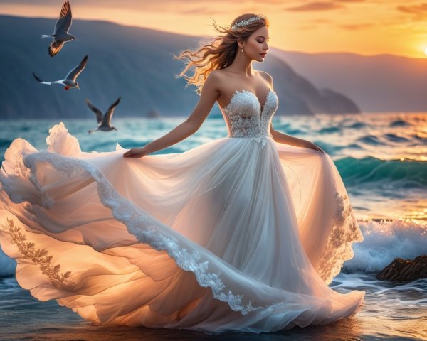 Bride in Lace Gown at Sunset by the Ocean