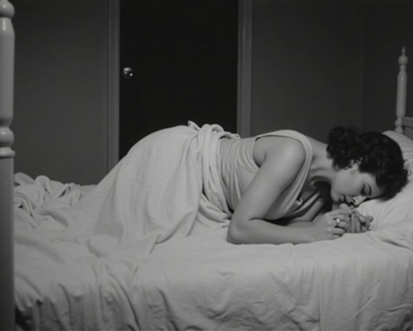 Black-and-white image of a contemplative woman in bed