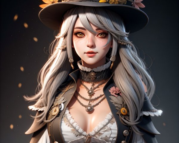 Fantasy Character with Silver Hair and Floral Outfit