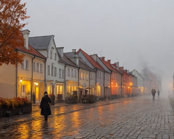 Misty Evening Street Scene with Colorful Buildings
