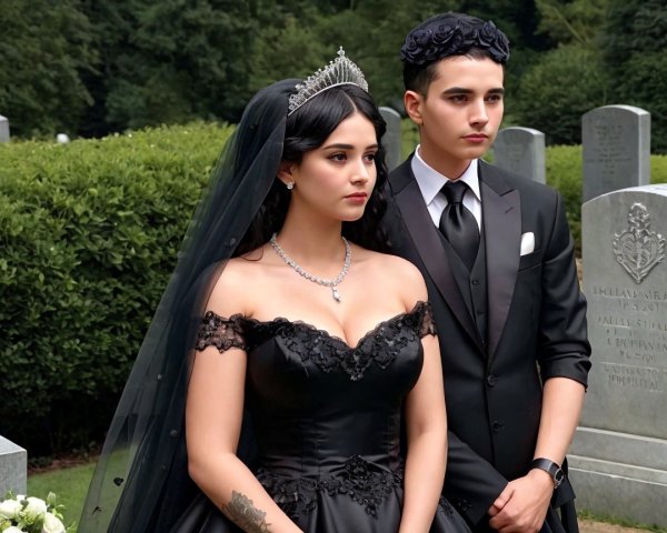 Young Couple in Formal Attire at Graveyard Tribute