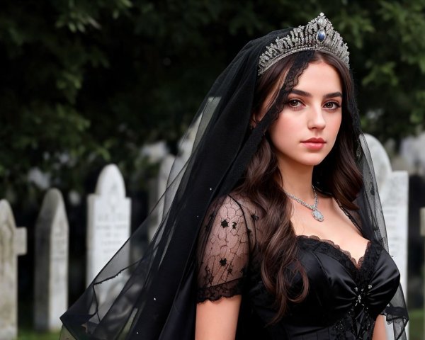 Young Woman in Black Gown at Graveyard Setting