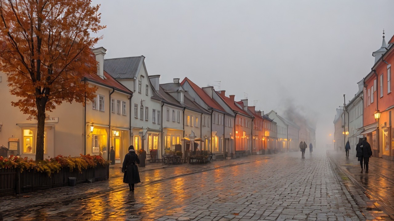 Misty Evening Street Scene with Colorful Buildings
