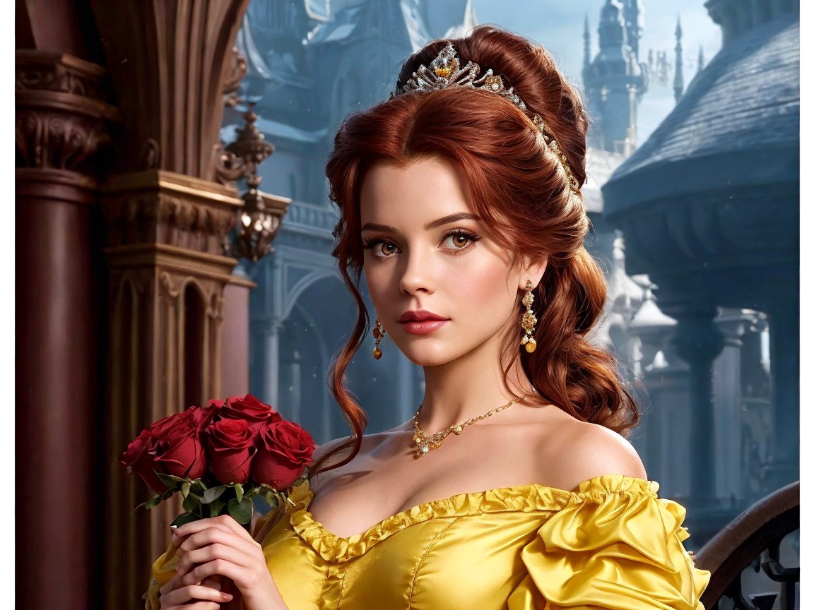 Young Woman in Golden Gown with Red Roses and Tiara