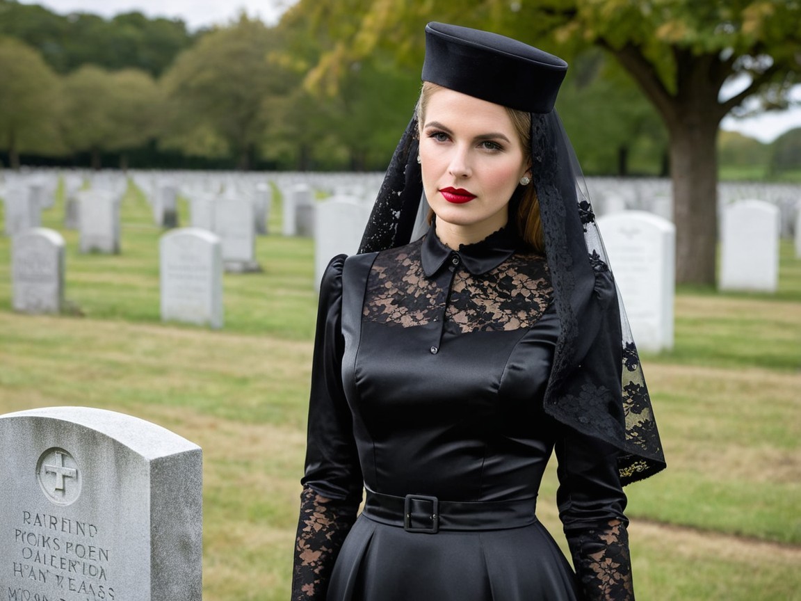 Woman in black gown at graveyard with headstones