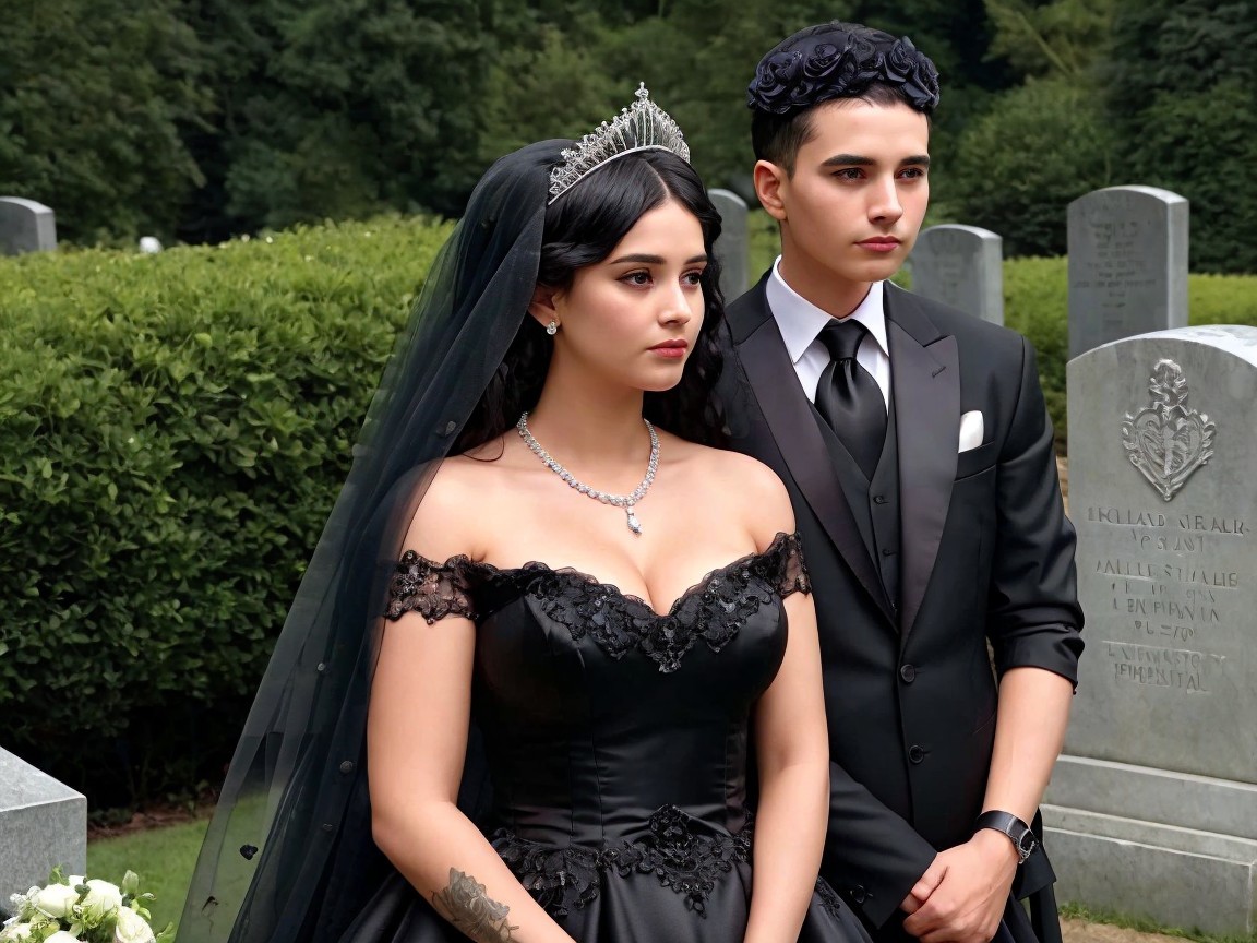 Young Couple in Formal Attire at Graveyard Tribute