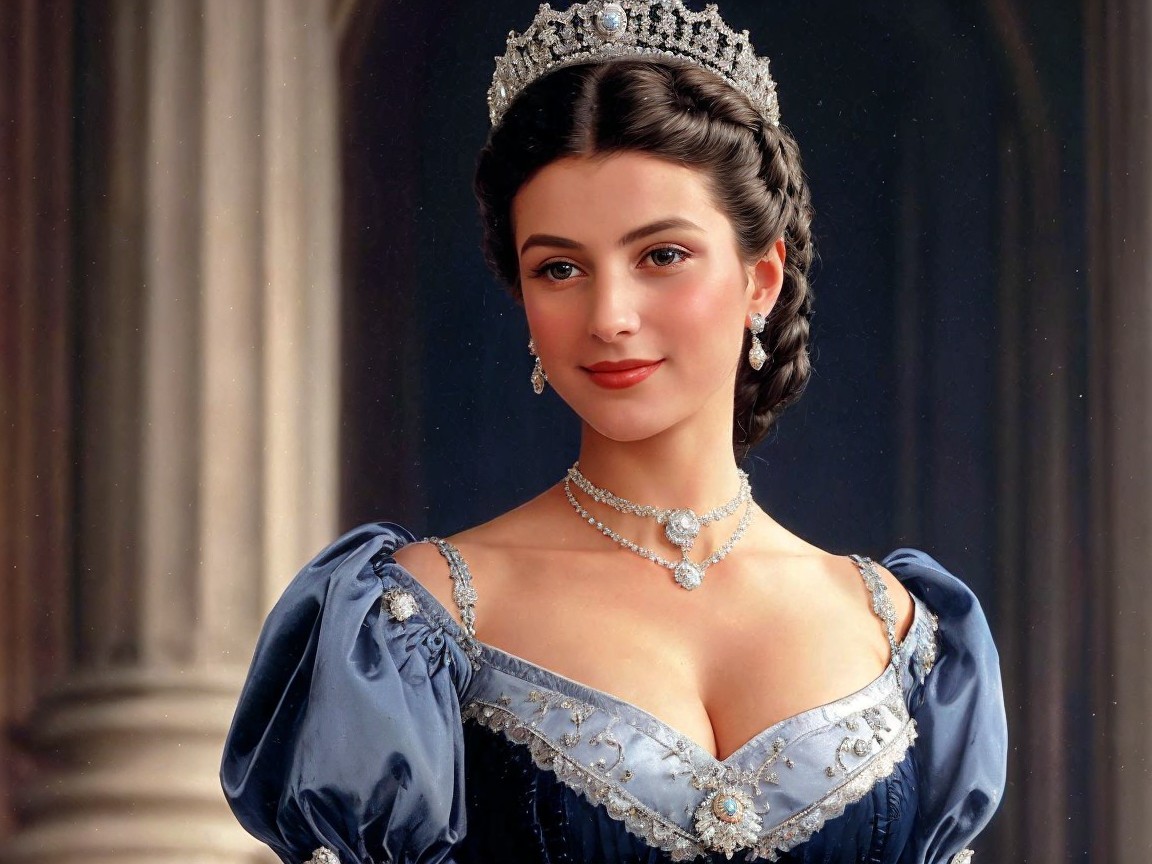 Elegant Young Woman in Regal Blue Gown and Tiara