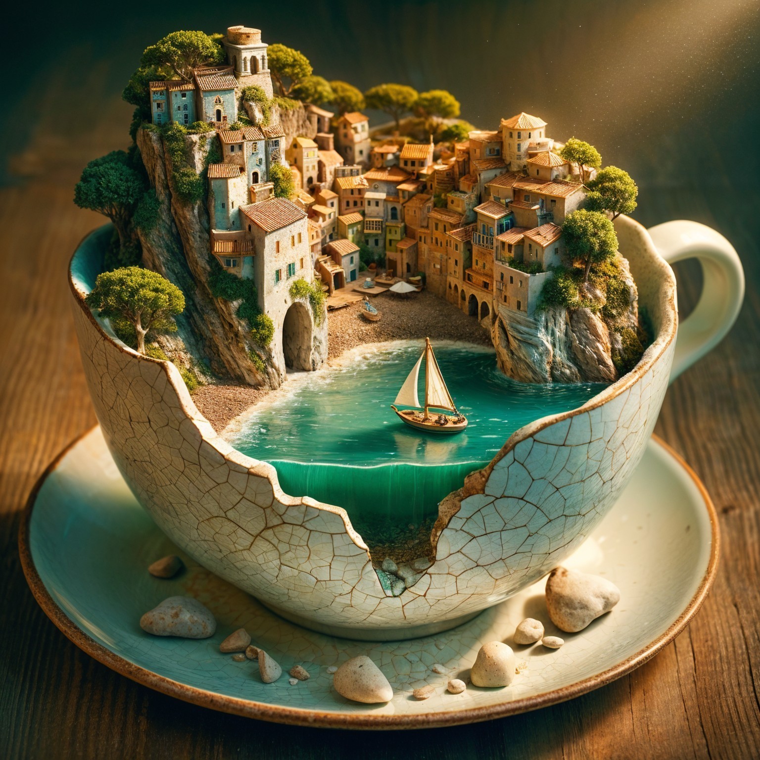 Miniature Coastal Village Inside a Cracked Cup Scene