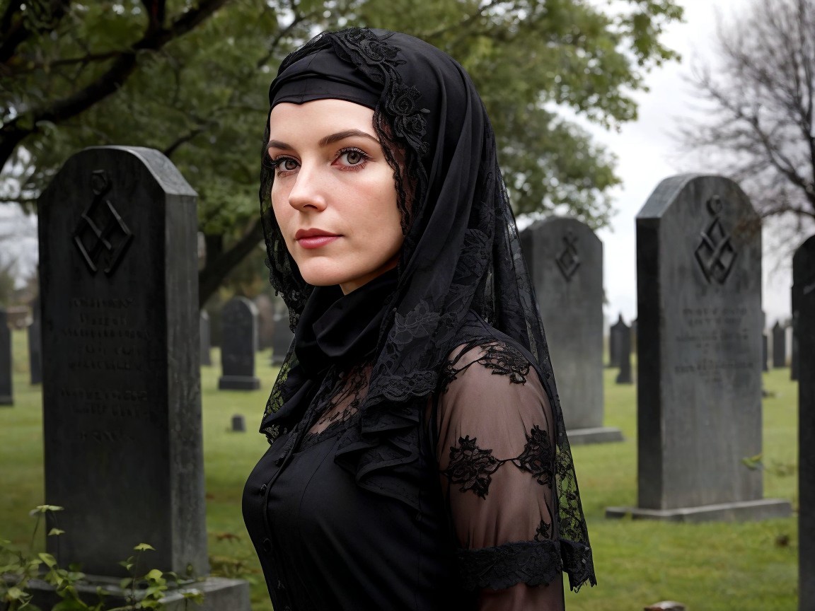 Young Woman in Black Outfit in Graveyard Setting