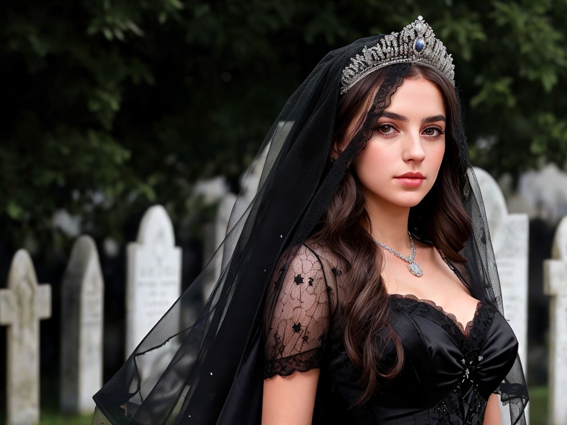 Young Woman in Black Gown at Graveyard Setting