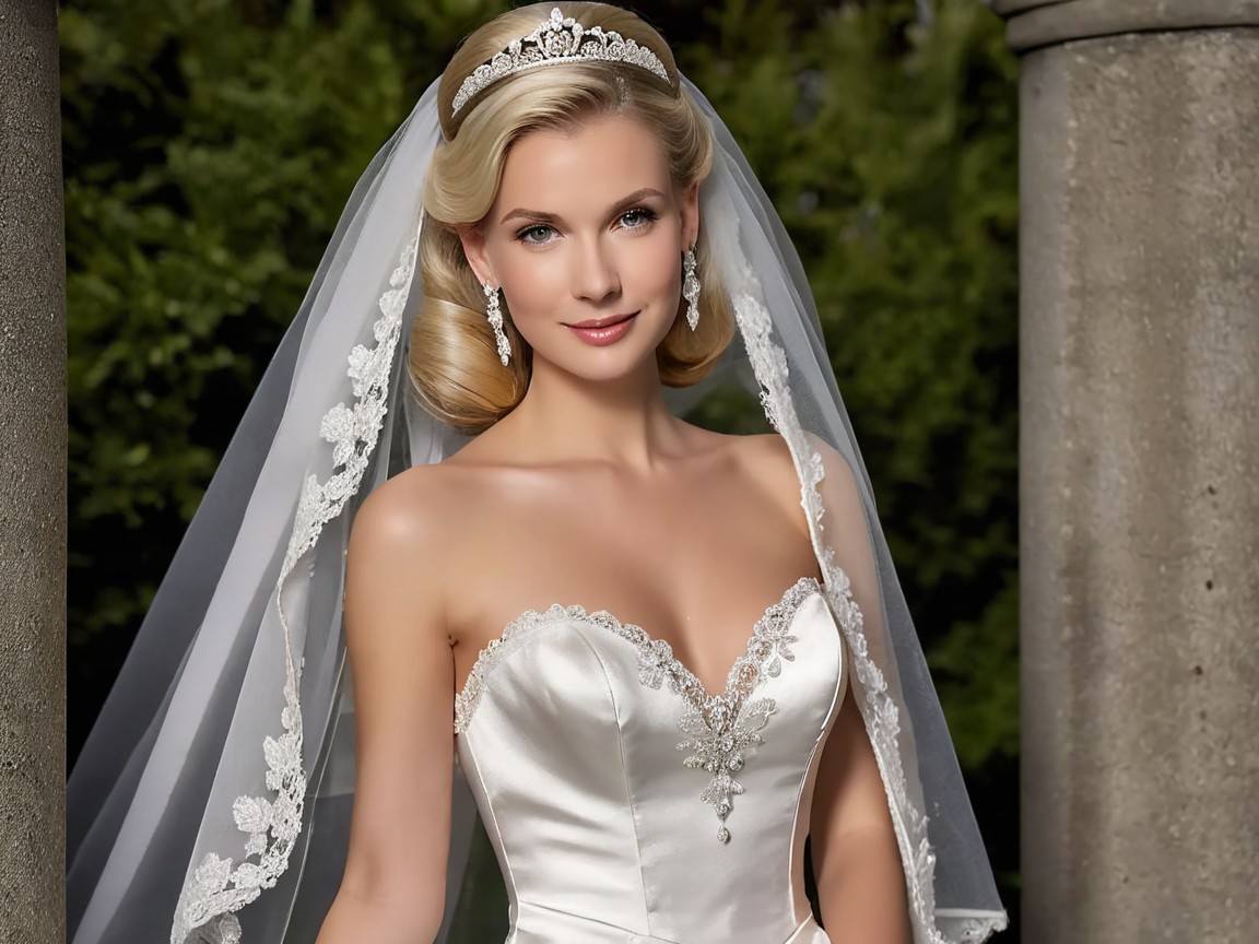 Elegant Bride in Strapless Satin Gown with Lace Details