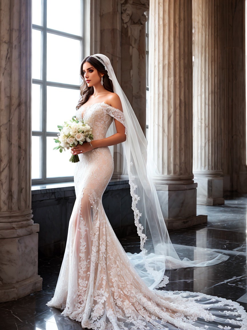 Elegant Bride in Off-the-Shoulder Lace Gown