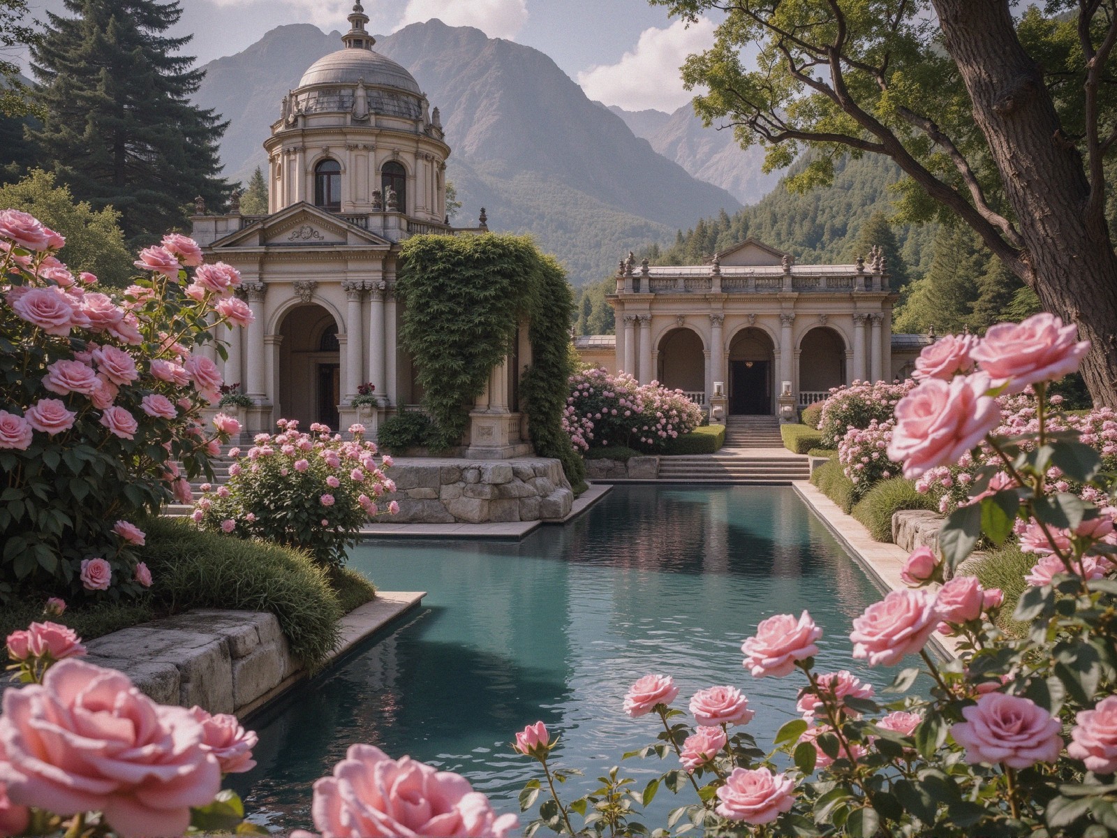 Serene Landscape with Ornate Architecture and Roses