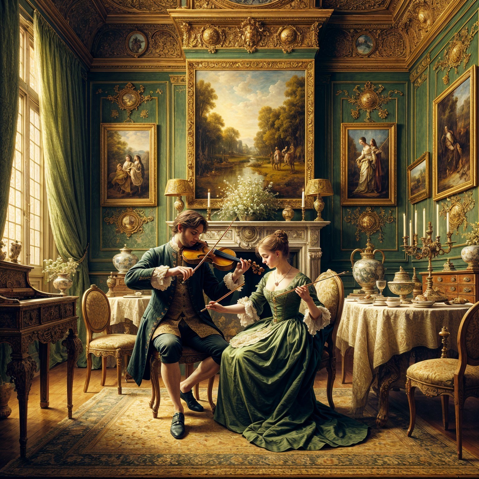 Elegant Room with Violin Performance and Decor