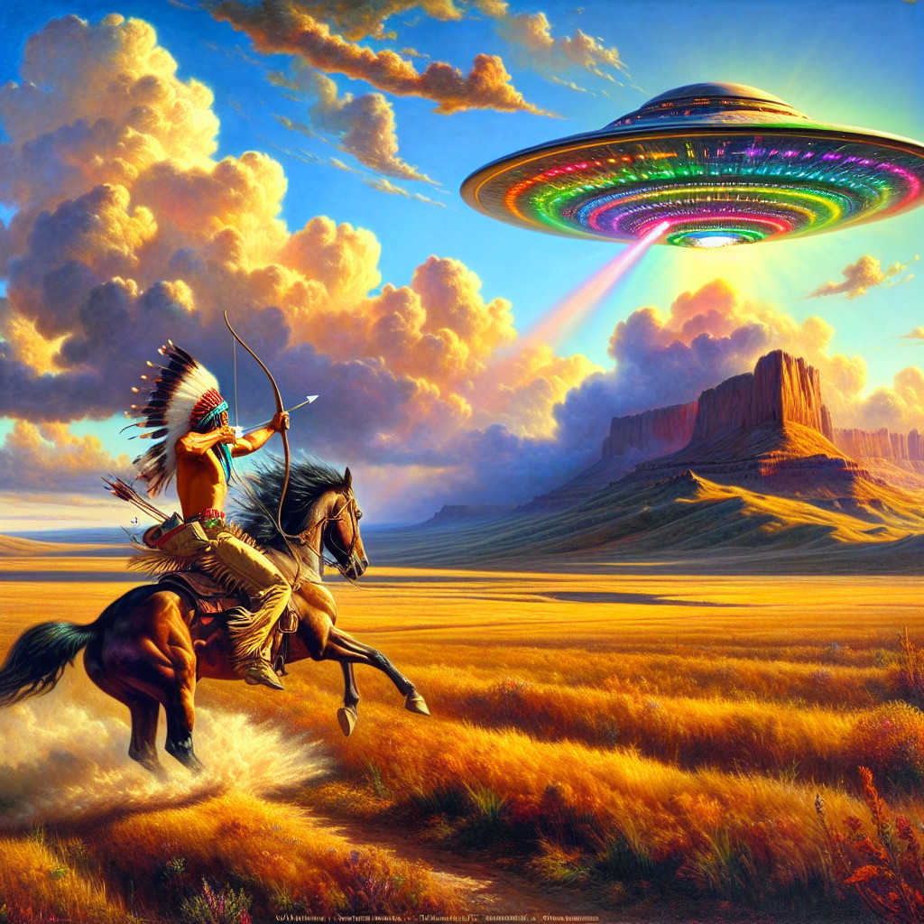 Native American Warrior on Horse in Surreal Landscape