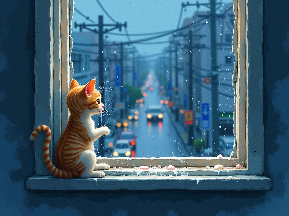 Playful Orange Tabby Cat on Rainy Windowsill