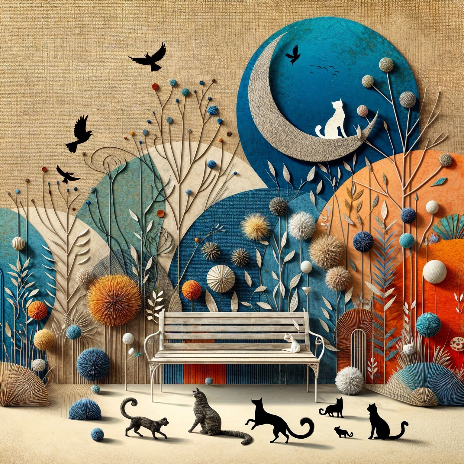 Whimsical Scene with Bench, Cats, and Vibrant Motifs