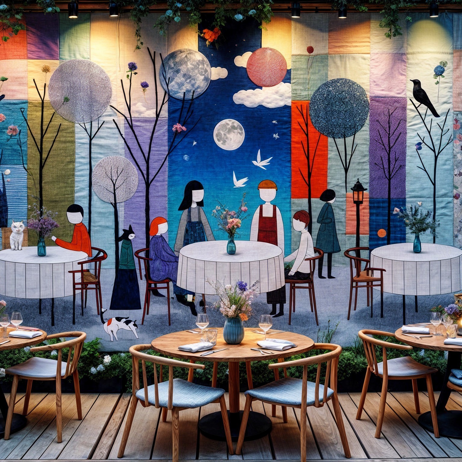 Vibrant Mural with Dining Tables and Fresh Flowers