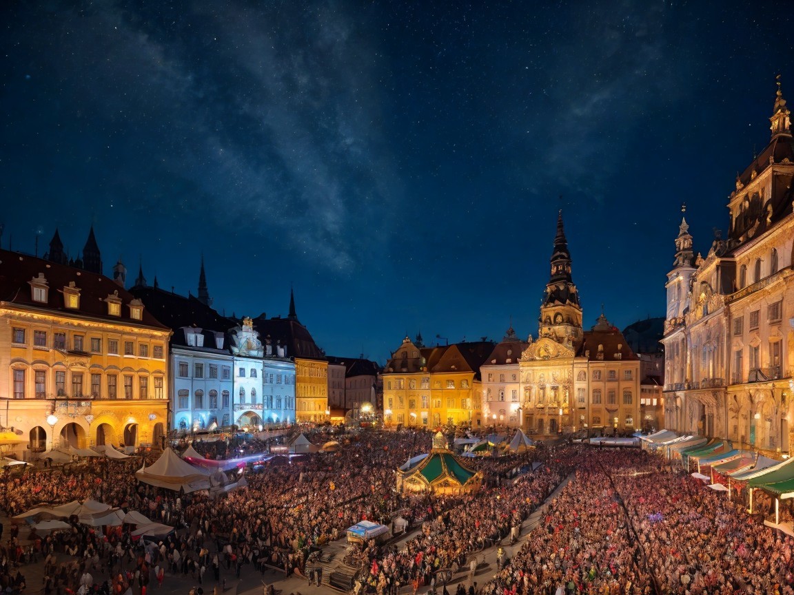 Vibrant Night Scene of a Bustling Festival Square