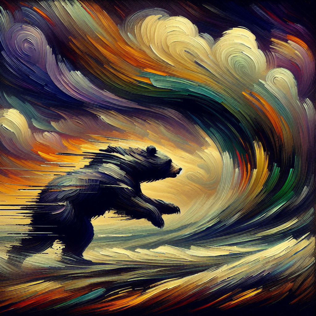 Vibrant Bear Painting with Swirling Waves and Clouds