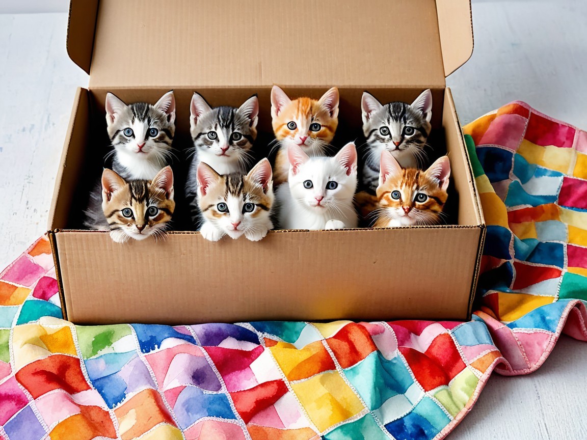Ten Kittens Peeking from a Cardboard Box on Quilt